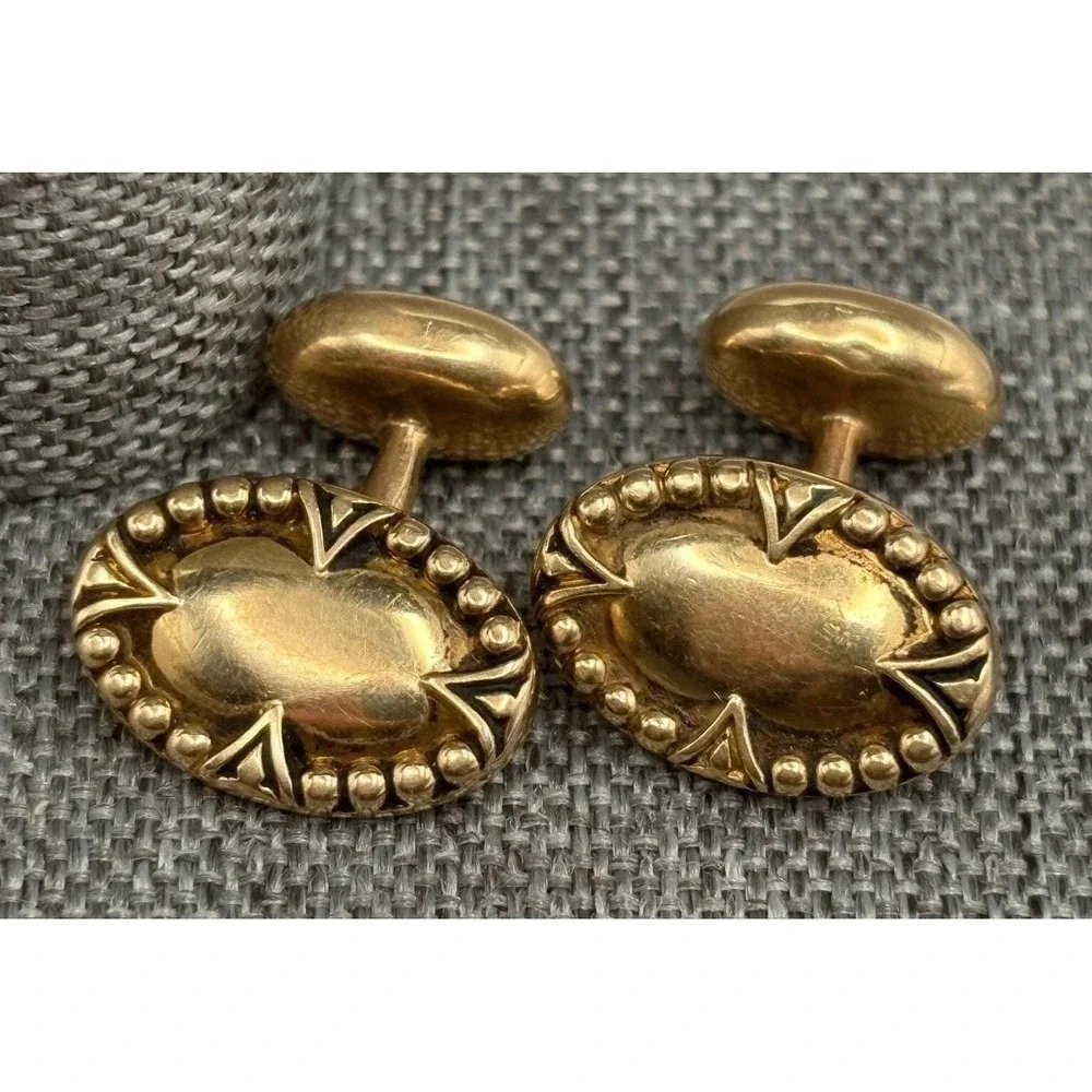 Vintage 14K Solid Yellow Gold Cufflinks Antique Geometric Details READ